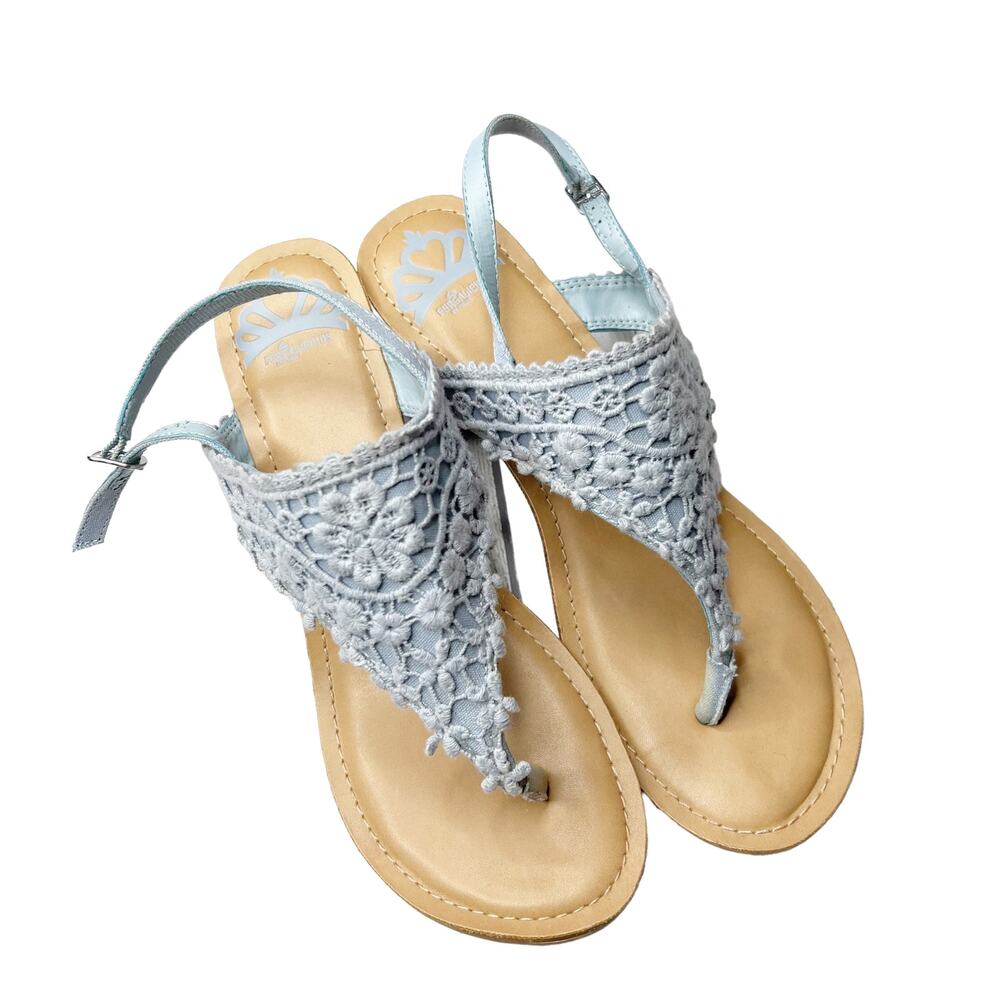 Fergalicious Calmly Blue Lace Wedge Sandals Size 8.5M Summer Casual Shoes